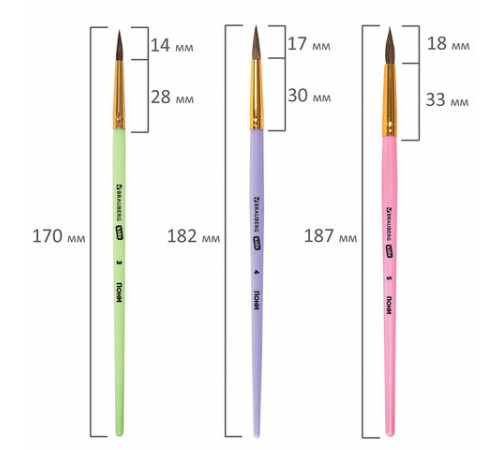 Кисти ПОНИ набор 3 шт. (круглые № 3, 4, 5), блистер, BRAUBERG KIDS, 201074