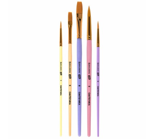 Кисти СИНТЕТИКА набор 5 шт. (круглые № 1, 2, 5, плоские № 5, 8), блистер, BRAUBERG KIDS, 201075