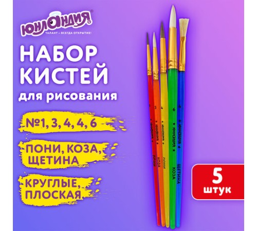 Кисти НАБОР 5 шт. (ПОНИ круглые № 1, 4; КОЗА круглые № 3, 6; ЩЕТИНА плоская № 4), пакет, ЮНЛАНДИЯ, 201079