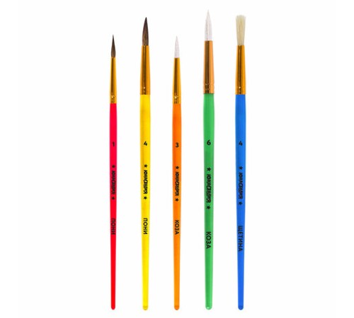 Кисти НАБОР 5 шт. (ПОНИ круглые № 1, 4; КОЗА круглые № 3, 6; ЩЕТИНА плоская № 4), пакет, ЮНЛАНДИЯ, 201079