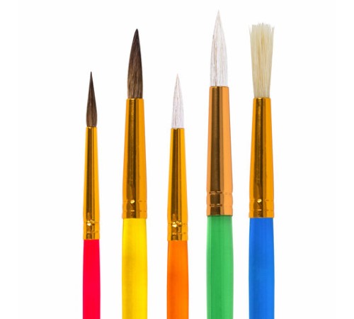 Кисти НАБОР 5 шт. (ПОНИ круглые № 1, 4; КОЗА круглые № 3, 6; ЩЕТИНА плоская № 4), пакет, ЮНЛАНДИЯ, 201079