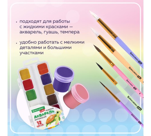 Кисти НАБОР 5 шт. (БЕЛКА круглая № 3; КОЗА круглые № 6, 8; ПОНИ круглые № 2, 5), BRAUBERG KIDS, 201080