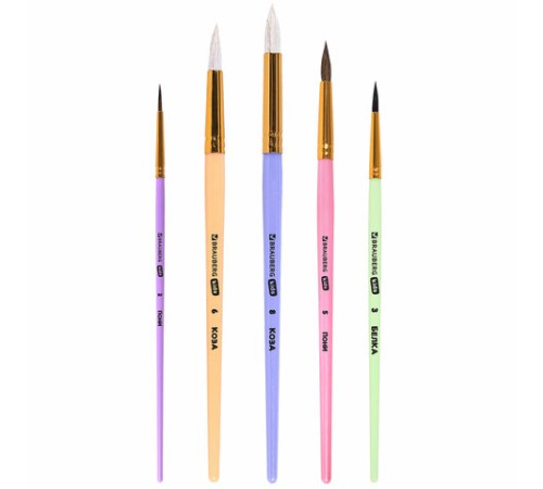 Кисти НАБОР 5 шт. (БЕЛКА круглая № 3; КОЗА круглые № 6, 8; ПОНИ круглые № 2, 5), BRAUBERG KIDS, 201080