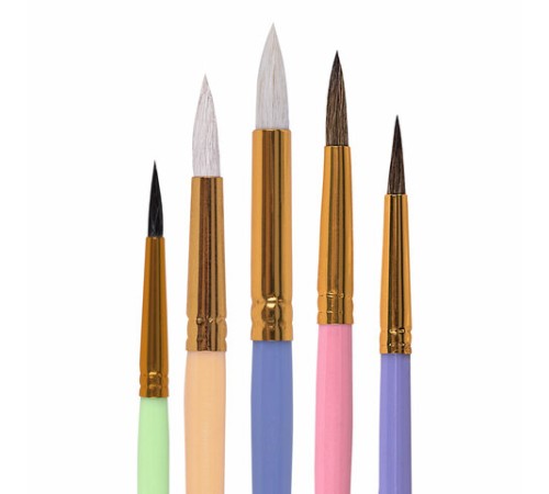 Кисти НАБОР 5 шт. (БЕЛКА круглая № 3; КОЗА круглые № 6, 8; ПОНИ круглые № 2, 5), BRAUBERG KIDS, 201080