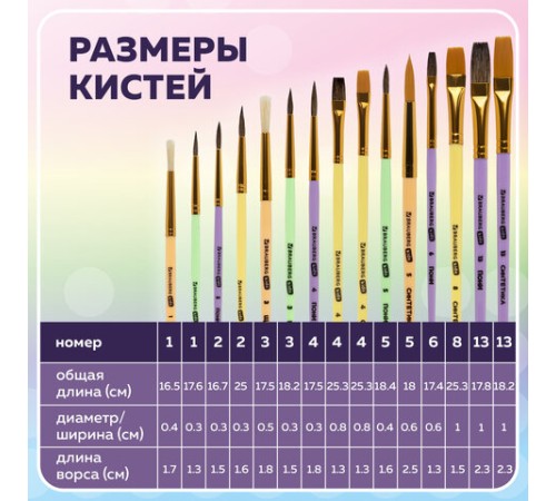 Кисти НАБОР 15 шт. (ПОНИ – 9 шт., СИНТЕТИКА – 4 шт., ЩЕТИНА – 2 шт.) BRAUBERG KIDS, 201081