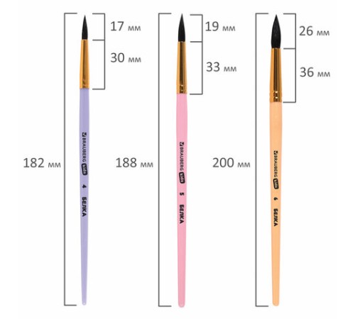 Кисти БЕЛКА набор 6 шт. (круглые № 1, 2, 3, 4, 5, 6), блистер, BRAUBERG KIDS, 201083