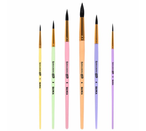 Кисти БЕЛКА набор 6 шт. (круглые № 1, 2, 3, 4, 5, 6), блистер, BRAUBERG KIDS, 201083