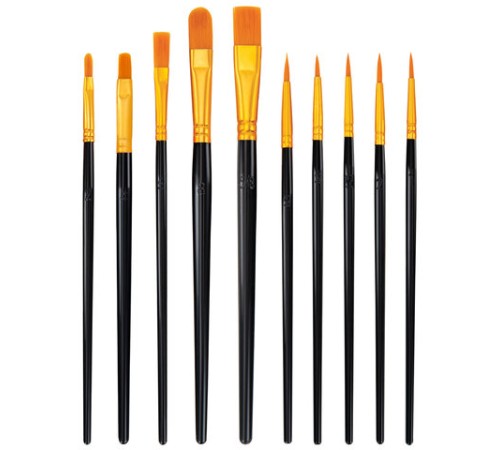 Кисти набор 10 шт., синтетика, черные, № 2/0-8 (Круглые; Овальные; Плоские; Лайнеры), WBZ (ВБЗ), 201084