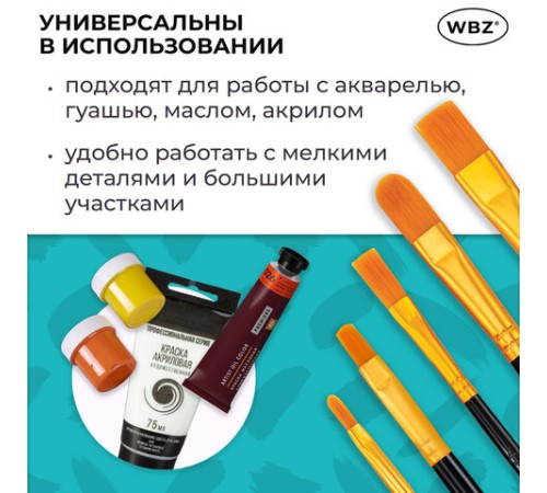 Кисти набор 10 шт., синтетика, черные, № 2/0-8 (Круглые; Овальные; Плоские; Лайнеры), WBZ (ВБЗ), 201084