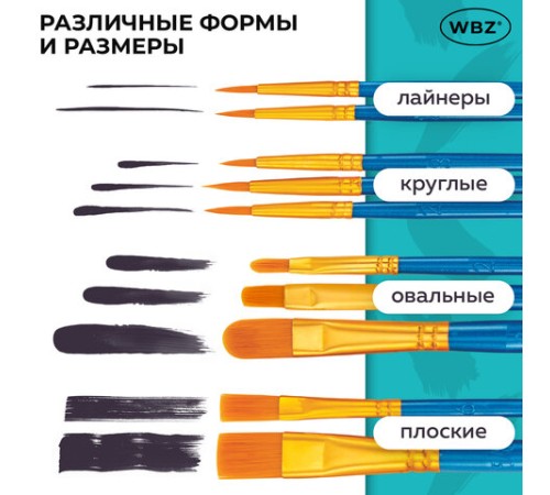 Кисти набор 10 шт., синтетика, синие, № 2/0-8 (Круглые; Овальные; Плоские; Лайнеры), WBZ (ВБЗ), 201085
