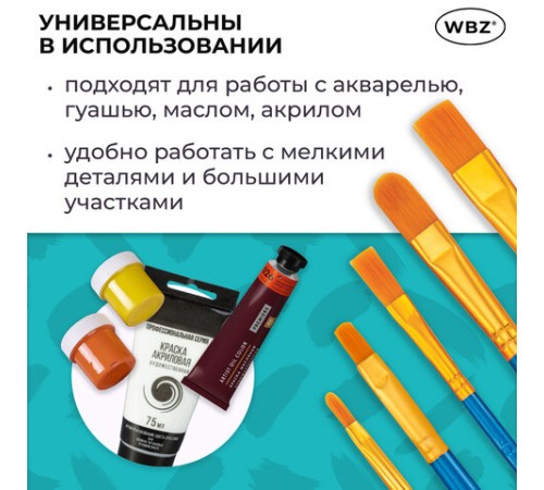 Кисти набор 10 шт., синтетика, синие, № 2/0-8 (Круглые; Овальные; Плоские; Лайнеры), WBZ (ВБЗ), 201085