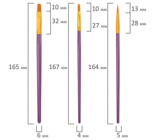 Кисти набор 10 шт., синтетика, фиолетовые, № 2/0-8 (Круглые; Овальные; Плоские; Лайнеры), WBZ (ВБЗ), 201086