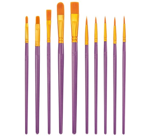 Кисти набор 10 шт., синтетика, фиолетовые, № 2/0-8 (Круглые; Овальные; Плоские; Лайнеры), WBZ (ВБЗ), 201086