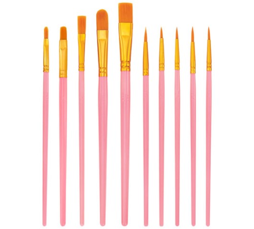 Кисти набор 10 шт., синтетика, розовые, № 2/0-8 (Круглые; Овальные; Плоские; Лайнеры), WBZ (ВБЗ), 201088