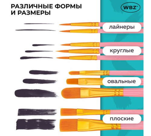 Кисти набор 10 шт., синтетика, розовые, № 2/0-8 (Круглые; Овальные; Плоские; Лайнеры), WBZ (ВБЗ), 201088