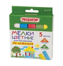 Мел для рисования на асфальте 5 штук, цветной квадратный, ПИФАГОР, картонная упаковка, европодвес, 221170