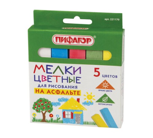 Мел для рисования на асфальте 5 штук, цветной квадратный, ПИФАГОР, картонная упаковка, европодвес, 221170