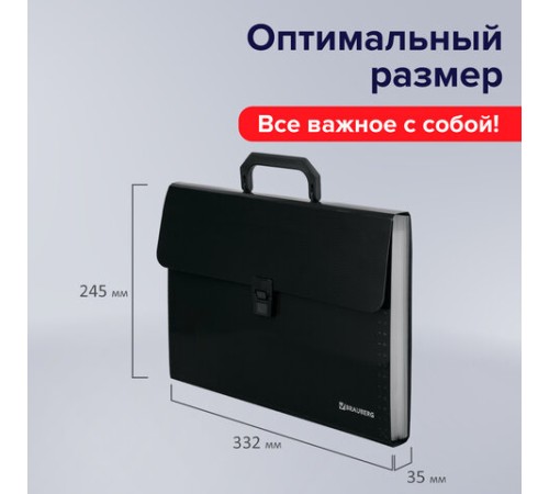 Папка-портфель пластиковая BRAUBERG А4 (332х245х35 мм), 13 отделений, фактура диагональ, черная, 221375