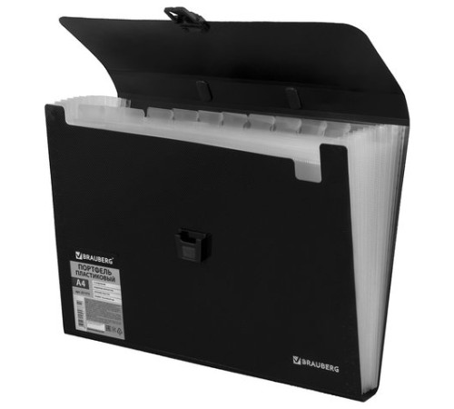 Папка-портфель пластиковая BRAUBERG А4 (332х245х35 мм), 13 отделений, фактура диагональ, черная, 221375