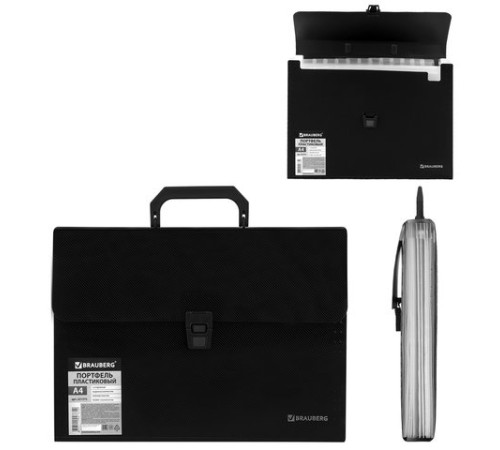 Папка-портфель пластиковая BRAUBERG А4 (332х245х35 мм), 13 отделений, фактура диагональ, черная, 221375