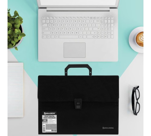 Папка-портфель пластиковая BRAUBERG А4 (332х245х35 мм), 13 отделений, фактура диагональ, черная, 221375