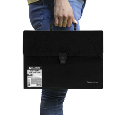 Папка-портфель пластиковая BRAUBERG А4 (332х245х35 мм), 13 отделений, фактура диагональ, черная, 221375