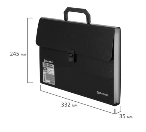 Папка-портфель пластиковая BRAUBERG А4 (332х245х35 мм), 13 отделений, фактура диагональ, черная, 221375