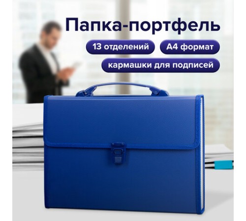 Папка-портфель пластиковая BRAUBERG А4 (332х245х35 мм), 13 отделений, синяя, 221379
