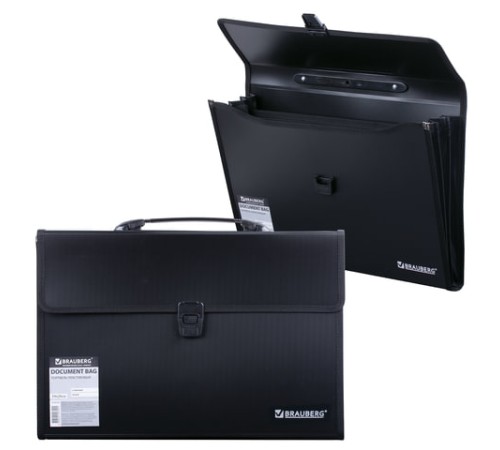 Папка-портфель пластиковая BRAUBERG А4+ (390х260х40 мм), 3 отделения, фактура линейная, черная, 221389
