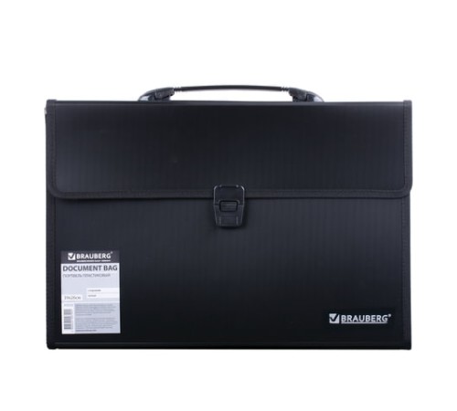 Папка-портфель пластиковая BRAUBERG А4+ (390х260х40 мм), 3 отделения, фактура линейная, черная, 221389