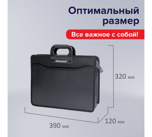 Папка-портфель пластиковая BRAUBERG А4+ (390х320х120 мм), 4 отделения, фактура под дерево, черная, 221391
