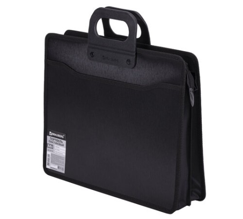 Папка-портфель пластиковая BRAUBERG А4+ (390х320х120 мм), 4 отделения, фактура под дерево, черная, 221391