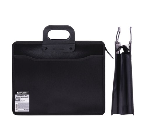 Папка-портфель пластиковая BRAUBERG А4+ (390х320х120 мм), 4 отделения, фактура под дерево, черная, 221391