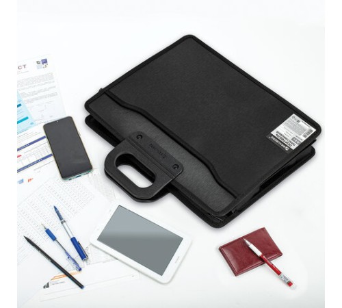 Папка-портфель пластиковая BRAUBERG А4+ (390х320х120 мм), 4 отделения, фактура под дерево, черная, 221391