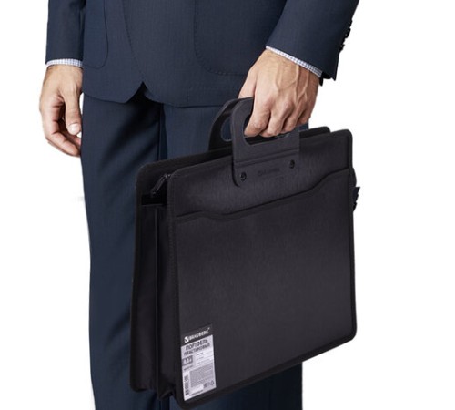 Папка-портфель пластиковая BRAUBERG А4+ (390х320х120 мм), 4 отделения, фактура под дерево, черная, 221391