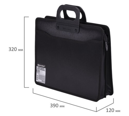 Папка-портфель пластиковая BRAUBERG А4+ (390х320х120 мм), 4 отделения, фактура под дерево, черная, 221391