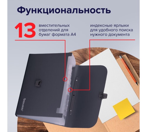 Папка-портфель пластиковая BRAUBERG А4 (327х254х30 мм), 13 отделений, серая, 221438
