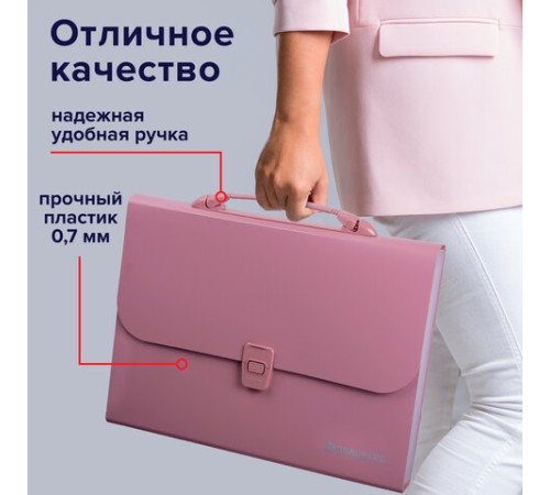 Папка-портфель пластиковая BRAUBERG А4 (327х254х30 мм), 13 отделений, розовая, 221441