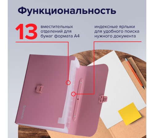 Папка-портфель пластиковая BRAUBERG А4 (327х254х30 мм), 13 отделений, розовая, 221441