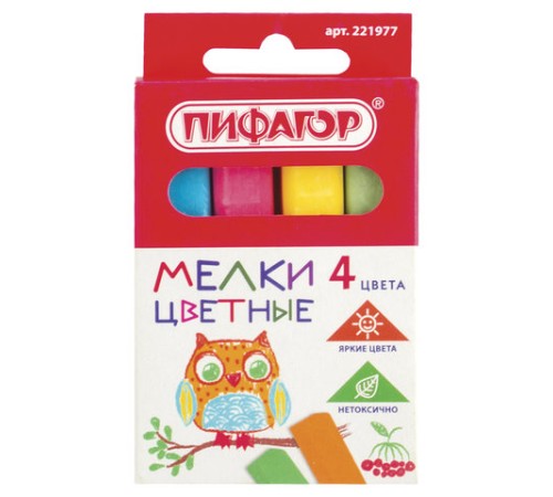Мел цветной квадратный 4 штуки, ПИФАГОР, картонная упаковка, европодвес, 221977