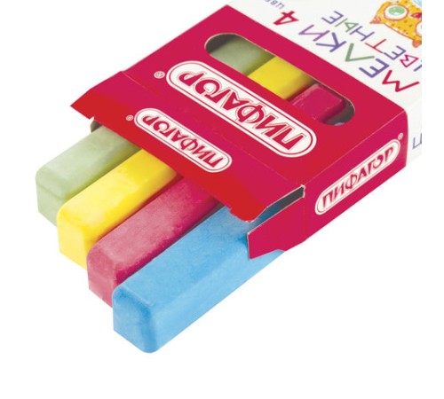 Мел цветной квадратный 4 штуки, ПИФАГОР, картонная упаковка, европодвес, 221977