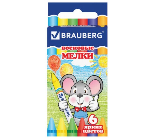 Восковые мелки BRAUBERG, НАБОР 6 цветов, 222961