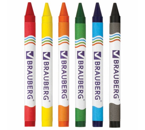 Восковые мелки BRAUBERG, НАБОР 6 цветов, 222961