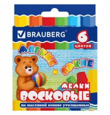 Восковые мелки утолщенные BRAUBERG, НАБОР 6 цветов, на масляной основе, яркие цвета, 222969
