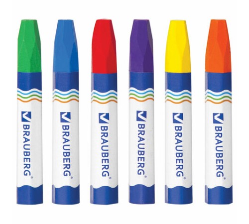 Восковые мелки утолщенные BRAUBERG, НАБОР 6 цветов, на масляной основе, яркие цвета, 222969