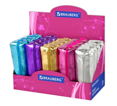 Пенал-косметичка BRAUBERG под искусственую кожу, ассорти 5 цветов, 