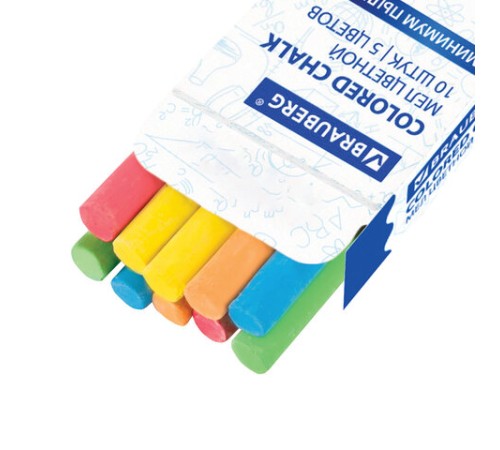 Мел цветной круглый 10 штук, 5 цветов, BRAUBERG АНТИПЫЛЬ, картонная упаковка, европодвес, 223552