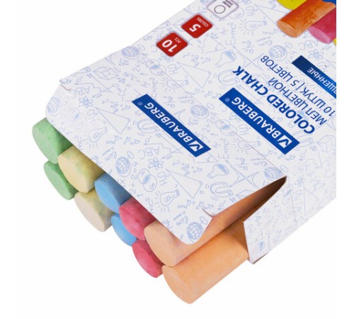 Мел для рисования на асфальте 10 штук, 5 цветов, цветной круглый, BRAUBERG, картонная упаковка, европодвес, 223556