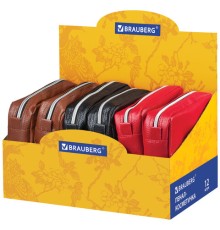 Пенал-косметичка BRAUBERG под фактурную кожу, ассорти, коричневый, красный, черный, 