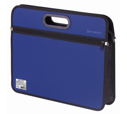 Сумка пластиковая BRAUBERG, А4+, 390х315х70 мм, на молнии, внешний карман, фактура бисер, синяя, 225167